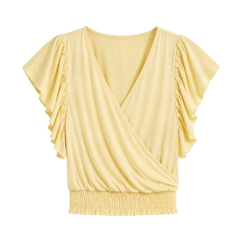 Anthropologie Silky Deep-V Flutter Sleeve Top in Yellow - Large